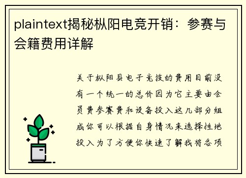 plaintext揭秘枞阳电竞开销：参赛与会籍费用详解